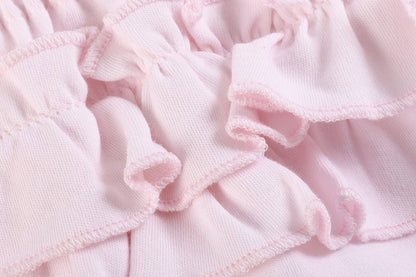 White and Pink Baby Bloomers Knit 2pc Set in soft cotton with ruffles and visible stitching. Available in size 3-6M.