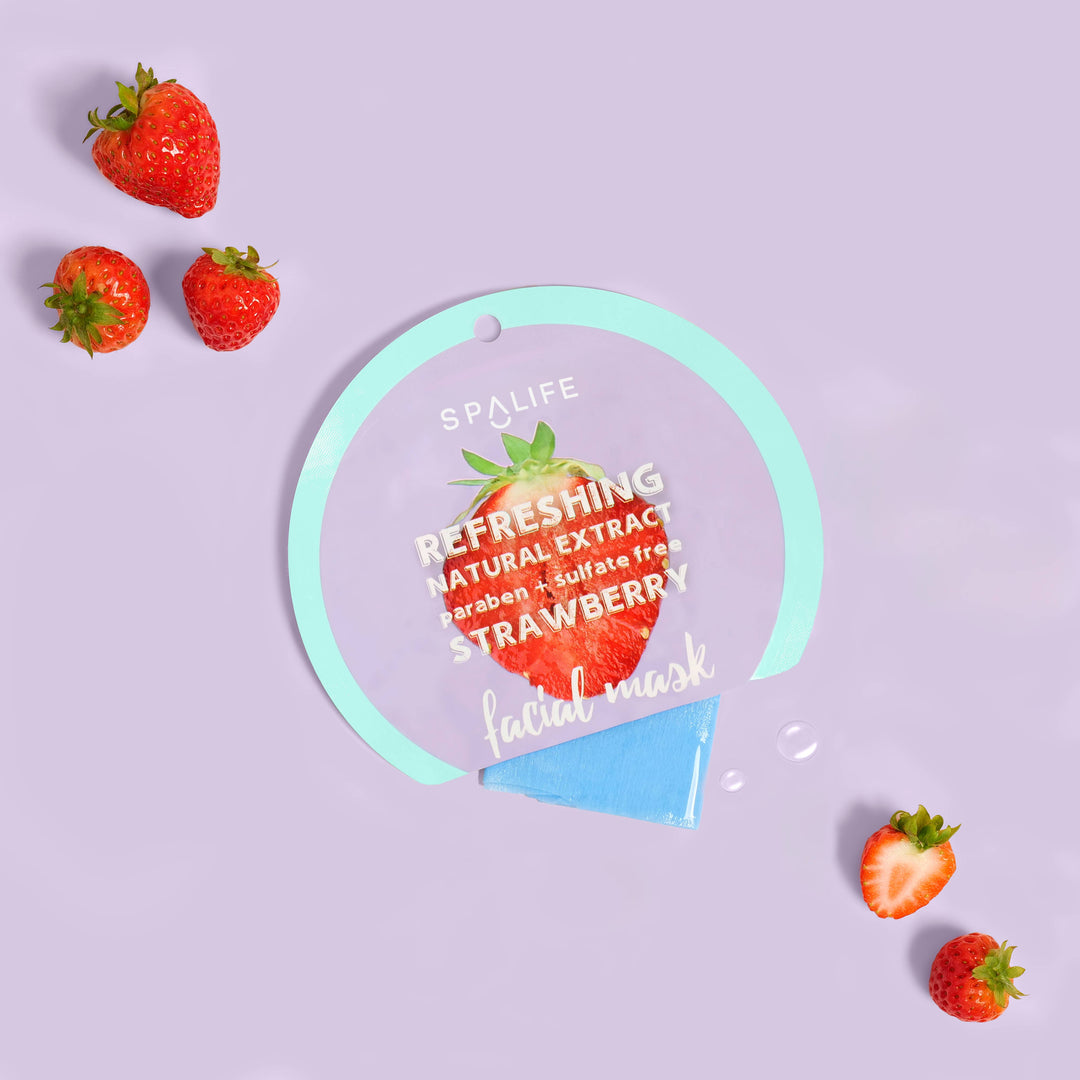 Korean Fruit Infused Face Mask with strawberry design; paraben- and sulfate-free. Available in 25ml and 50ml sizes.