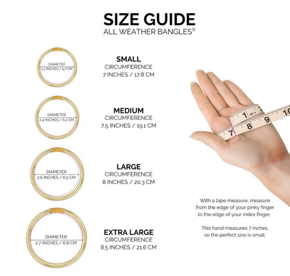 Size guide displaying four Midnight All Weather Bangle sizes with diameters and circumferences, available in 7 inches and other sizes.