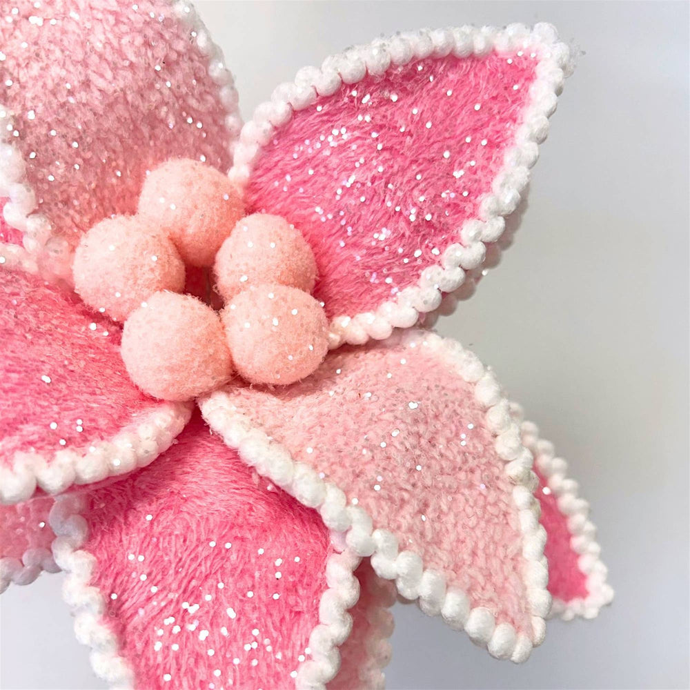 28” Passionate Pink Velvet Poinsettia Stem with glittery petals and white pom-pom edges.