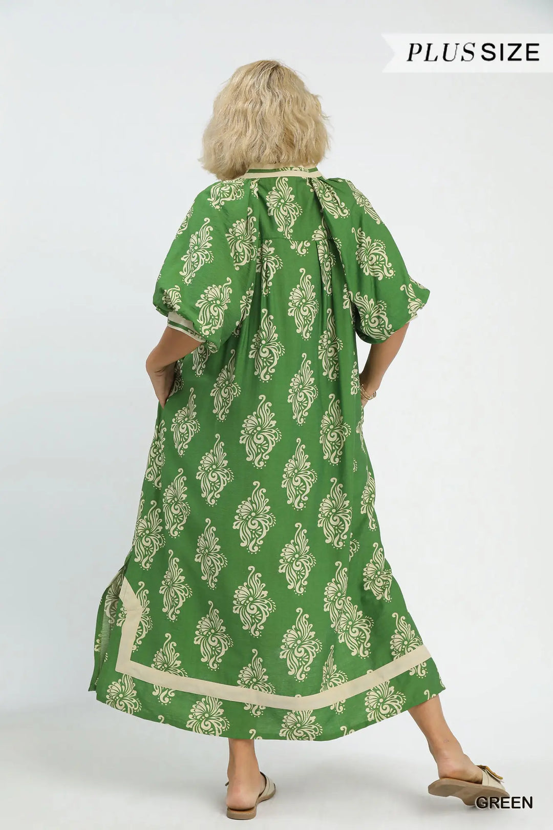 Green Abstract Print Midi Dress with short sleeves and flowy silhouette, available in sizes XS–XL.