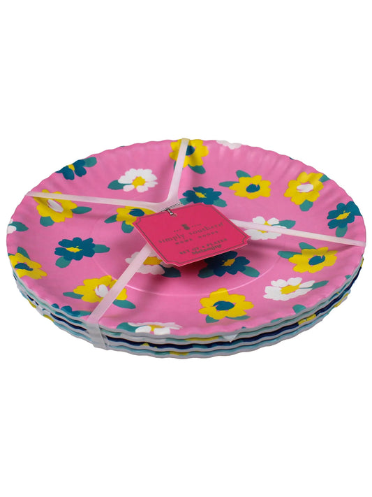 Set of round pink melamine plates with yellow, white, and blue flower designs. Sizes: 8", 10", 12".