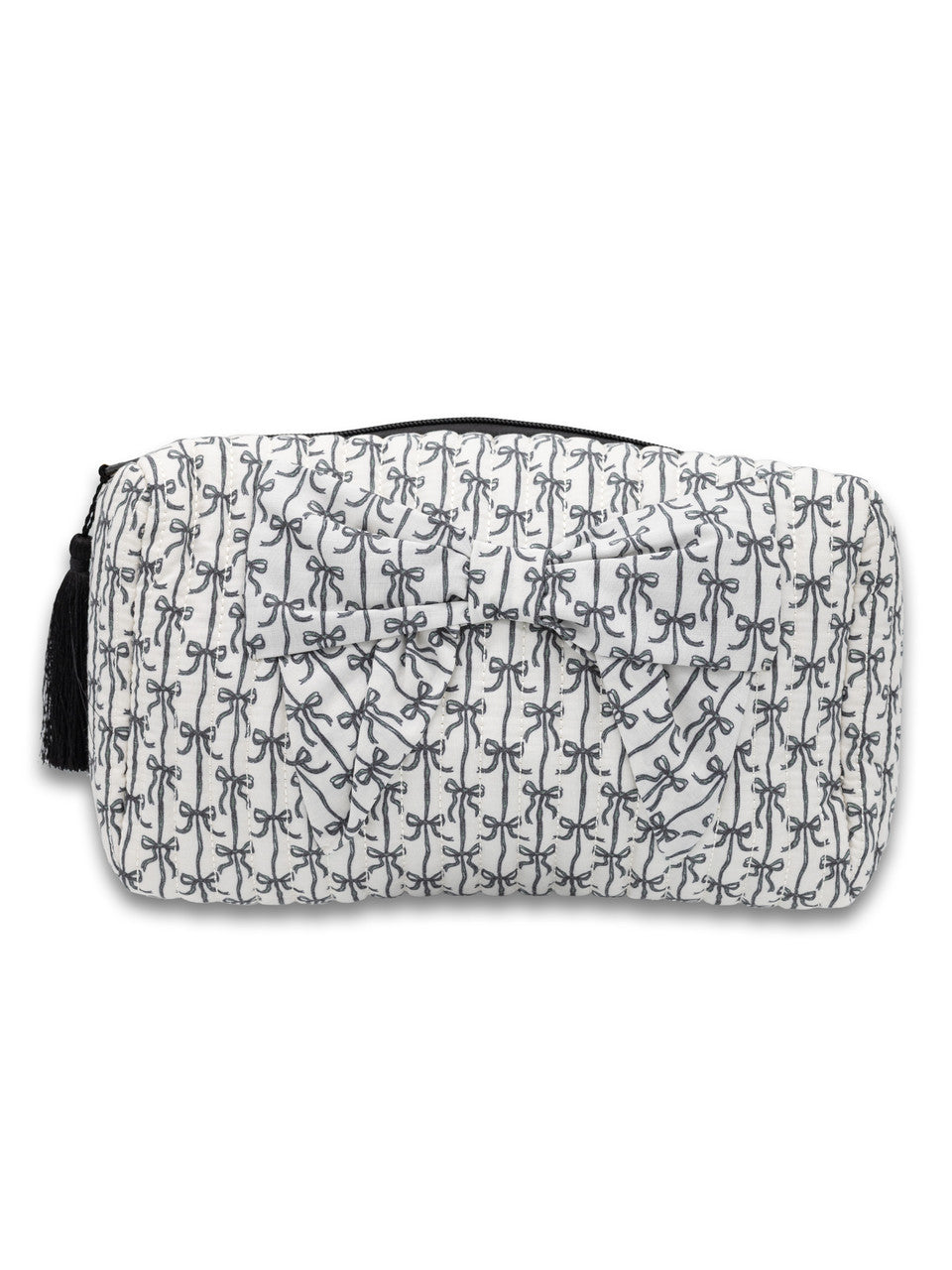 Rectangular quilted white cosmetic bag with black bows, stripes, zipper, and tassel. Available in small and large sizes.