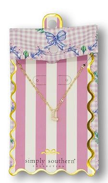 Gold "L" pendant necklace, small size, on striped card with gold trim; available in various initial options.