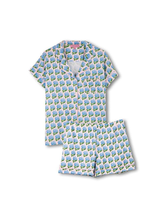 Blue Hydrangea PJ Set: short-sleeve button-up top, shorts, tree and flower print, breathable fabric. Sizes: S-XL.