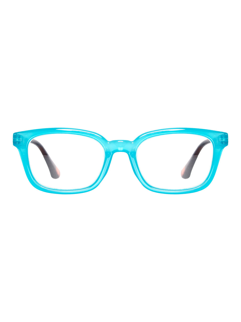 Bright blue rectangular reading glasses with clear lenses. Available sizes: small, medium, large.