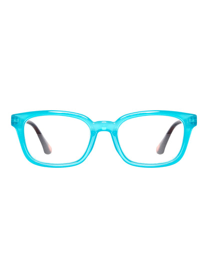 Bright blue rectangular reading glasses with clear lenses. Available sizes: small, medium, large.