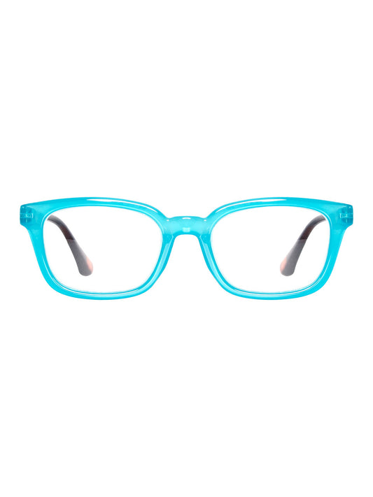 Bright blue rectangular reading glasses with clear lenses. Available sizes: small, medium, large.