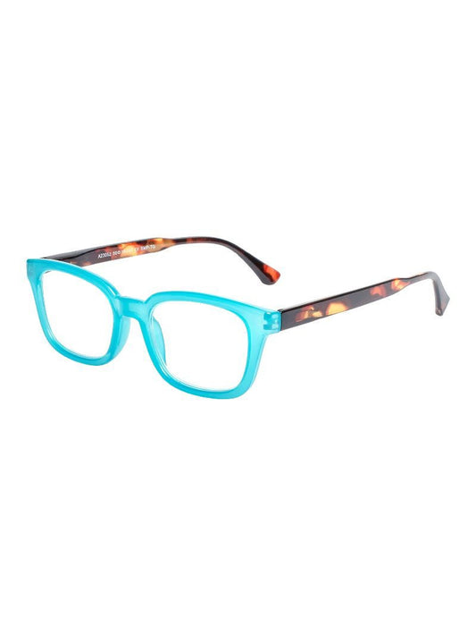 Rectangular blue frames, tortoiseshell-patterned temples, orange tips. Available in multiple sizes.