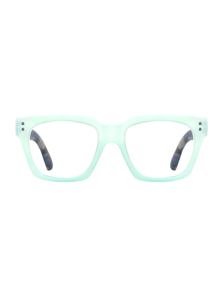Matte teal &amp; black camo rectangular acrylic reading glasses with striped temple arms; available in multiple sizes.