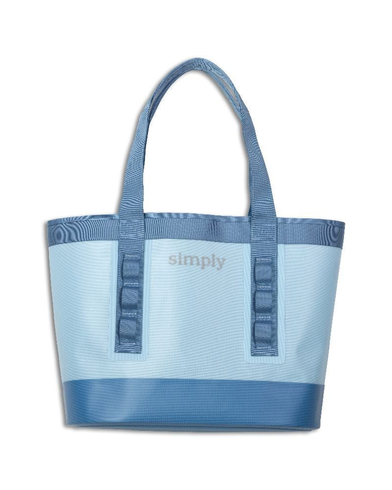Light blue Simply Tough Tote with dark blue handles, "simply" on front; sturdy, water-resistant; sizes: S, M, L, XL, XXL.