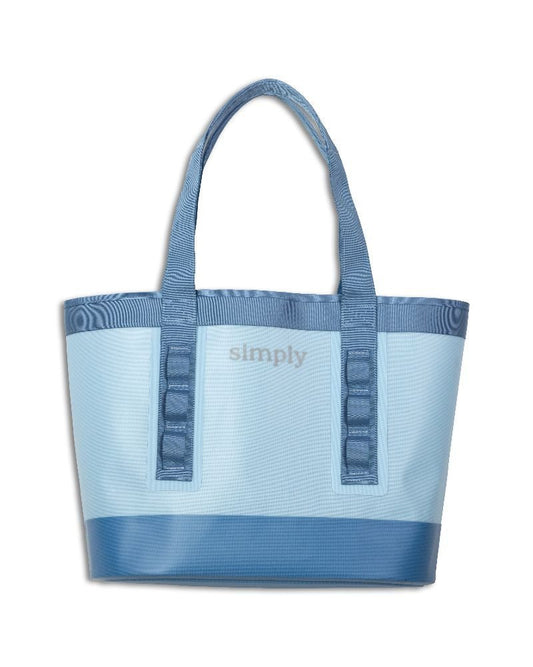 Light blue Simply Tough Tote with dark blue handles, "simply" on front; sturdy, water-resistant; sizes: S, M, L, XL, XXL.