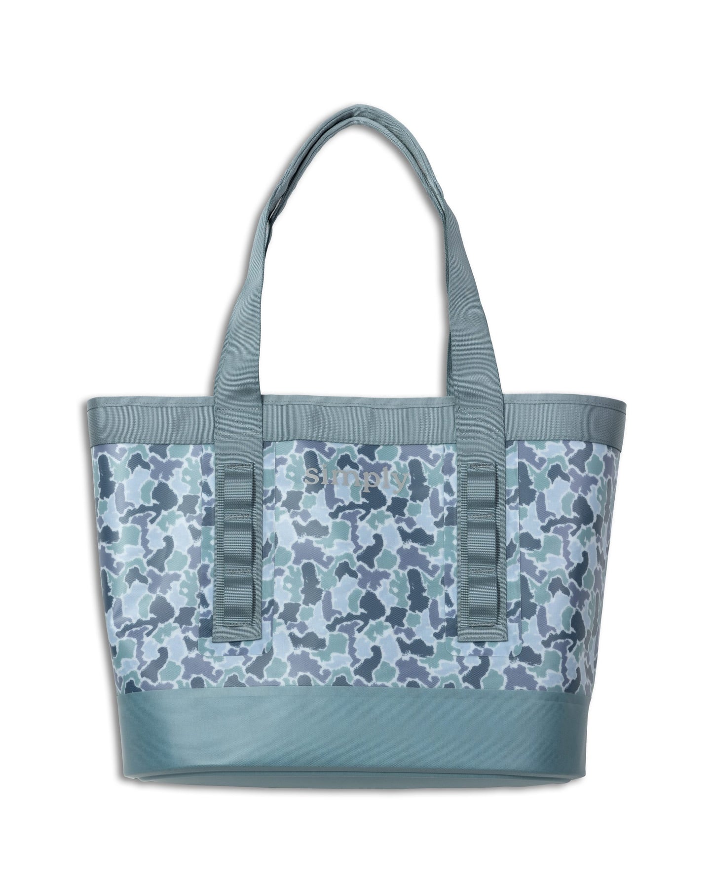 Large blue and gray camo tote with solid blue trim, water-resistant, two handles. Available in 5 colors and multiple sizes.