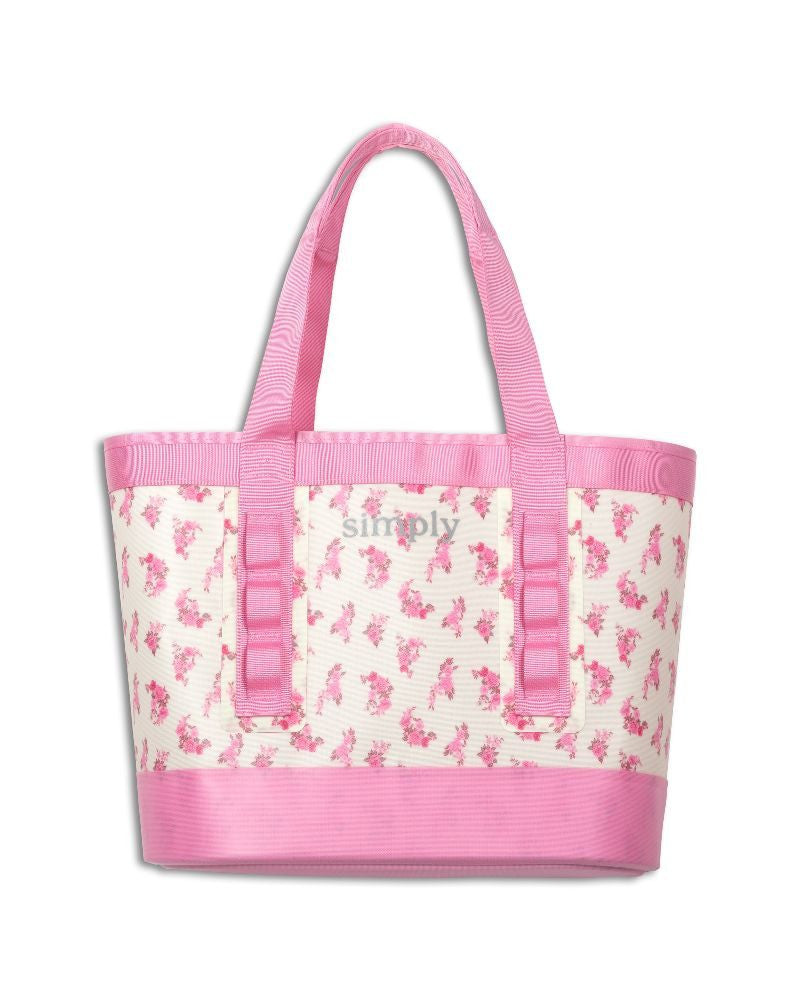White Simply Tough Tote with pink floral design, pink handles, "simply" text. Water-resistant. Available in 5 colors, various sizes.