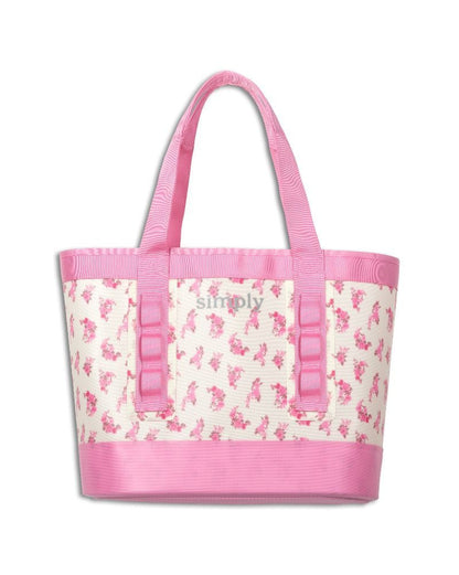 White Simply Tough Tote with pink floral design, pink handles, "simply" text. Water-resistant. Available in 5 colors, various sizes.