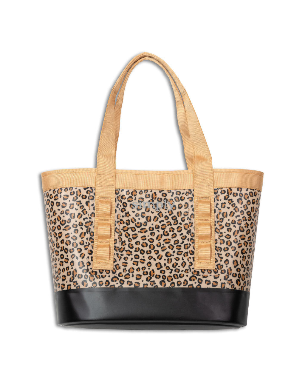 Leopard print Simply Tough Tote with tan handles, trim, and black base. Water-resistant. Available in multiple sizes.