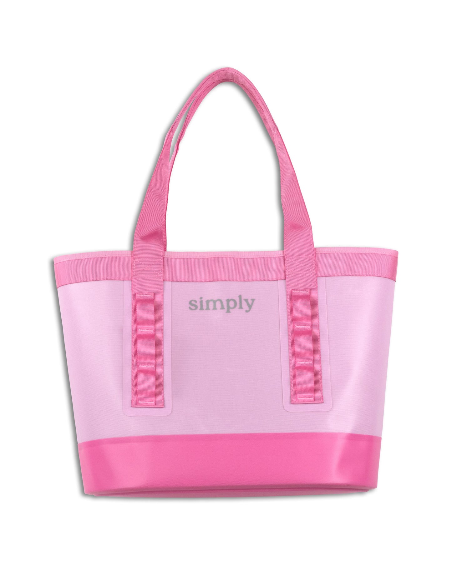 Pink and light pink Simply Tough Tote with two handles, gray "simply" print, and water-resistant design. Sizes: S, M, L.