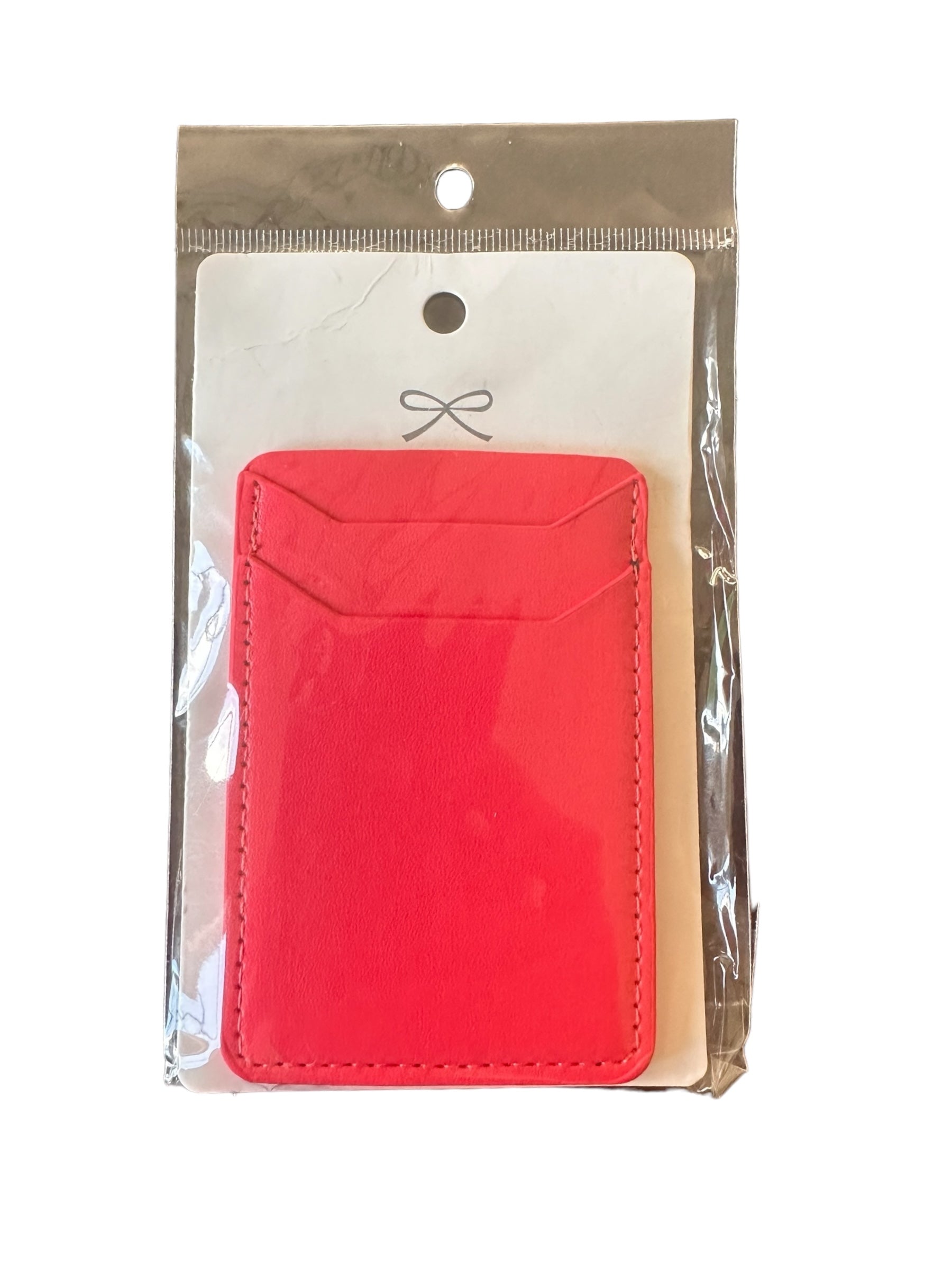 Phone Card Holder:
- Stylish design
- Two card slots
- Stitching along edges
- Center top cutout for easy access
- Available in various colors 
- Packaged in clear plastic bag with white backing and hanging hole