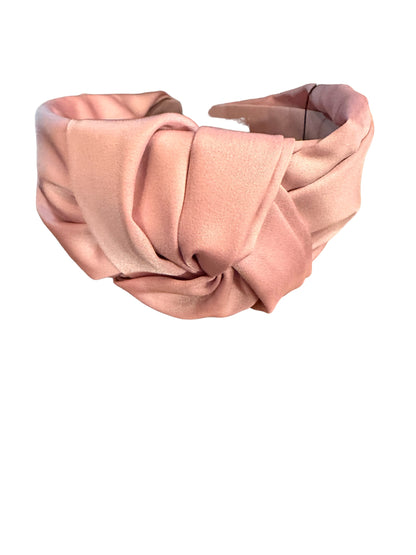 Pink satin Silk Headband with a large twisted knot front; available in S, M, and L.