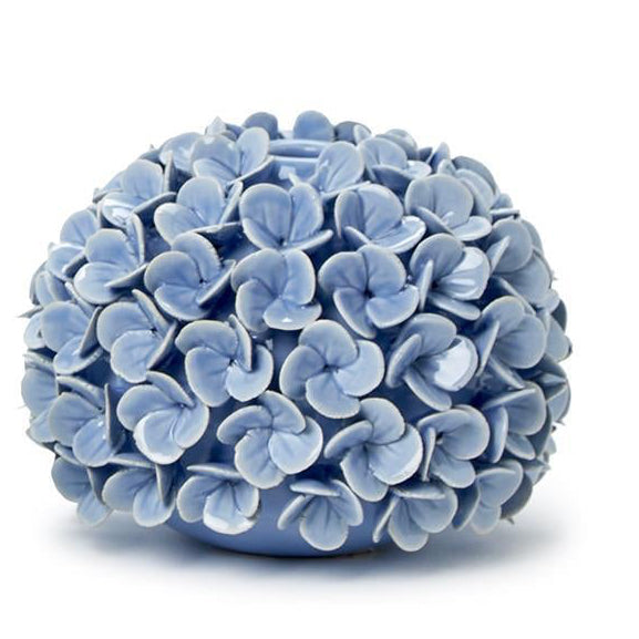 Round light blue Hydrangea bud vase/candle holder with small petal details, sold individually.