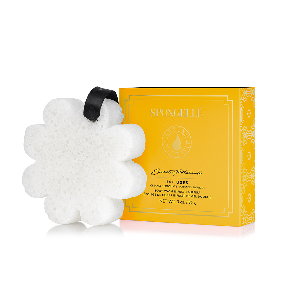 White, flower-shaped bath sponge with black loop; available in assorted sizes.