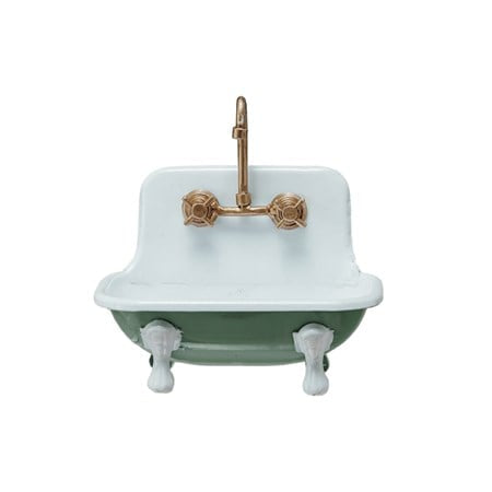 Vintage-style green and white clawfoot metal sink soap dish with brass faucets. Available in small, medium, and large sizes.