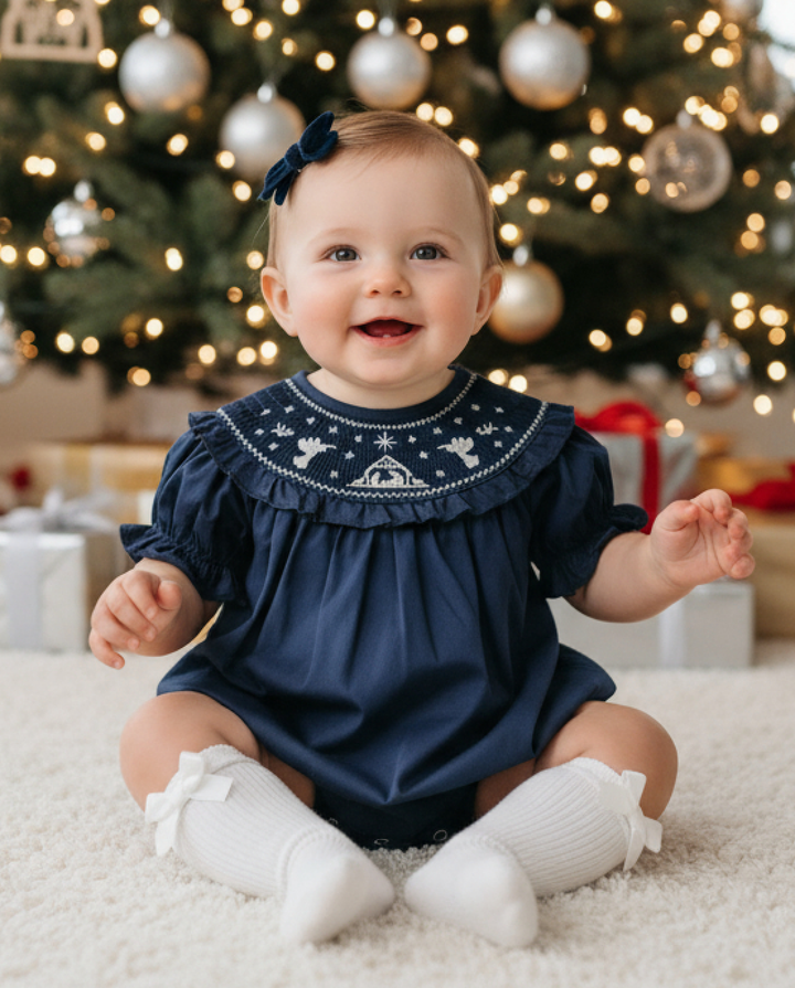 Blue Nativity Smocked Ruffle Romper, size 12-18M; other sizes available.