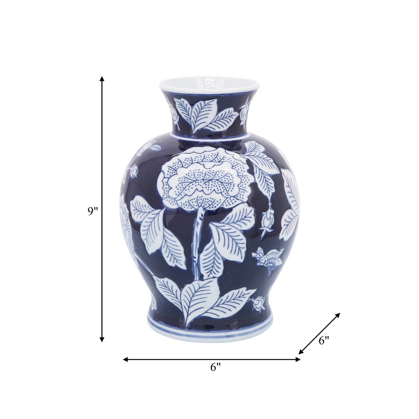 Blue Ceramic Floral Chinoiserie Decorative Vase with blue and white floral patterns, available in 9 in. size.