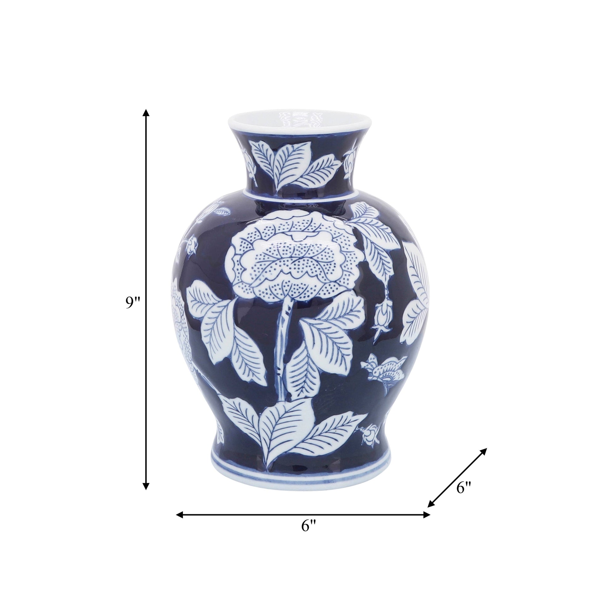 Blue Ceramic Floral Chinoiserie Decorative Vase with blue and white floral patterns, available in 9 in. size.