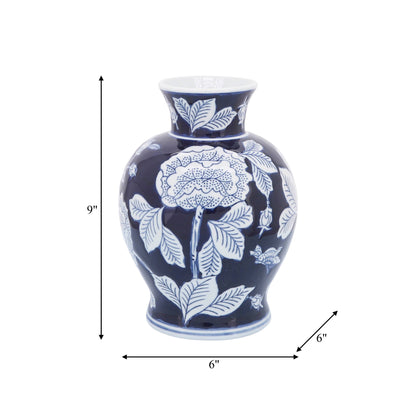 Blue Ceramic Floral Chinoiserie Decorative Vase with blue and white floral patterns, available in 9 in. size.