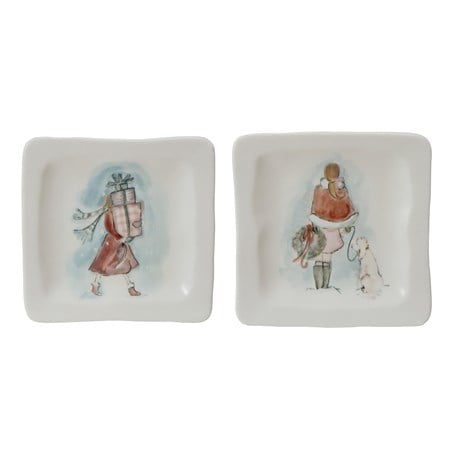 4” Square Stoneware Dish w/ Holiday Girl