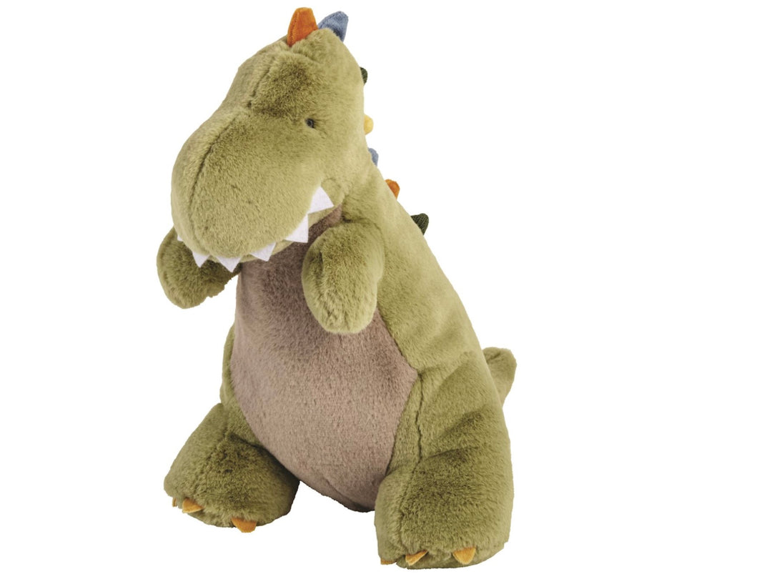 Soft green Rex Dino Plush with light brown belly, orange back spikes, white felt teeth; available in small, medium, large.