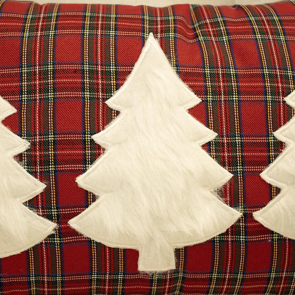 White Spruce Plaid Throw Pillow with red plaid pattern and white faux fur Christmas tree appliqués.