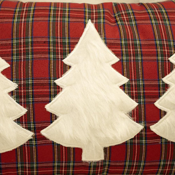 White Spruce Plaid Throw Pillow with red plaid pattern and white faux fur Christmas tree appliqués.