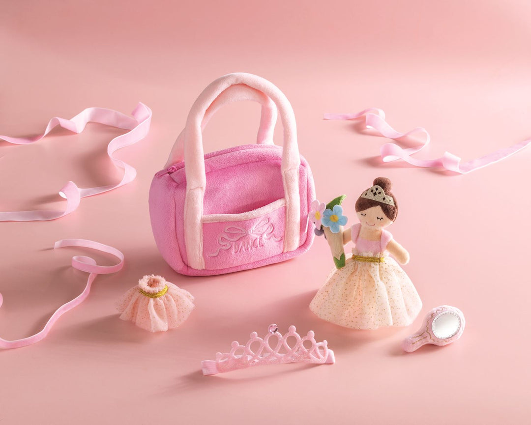 Ballerina Plush Set: plush purse, ballet bag, small doll in dress, tiara, tutu, mirror, pink ribbon. Sizes available.