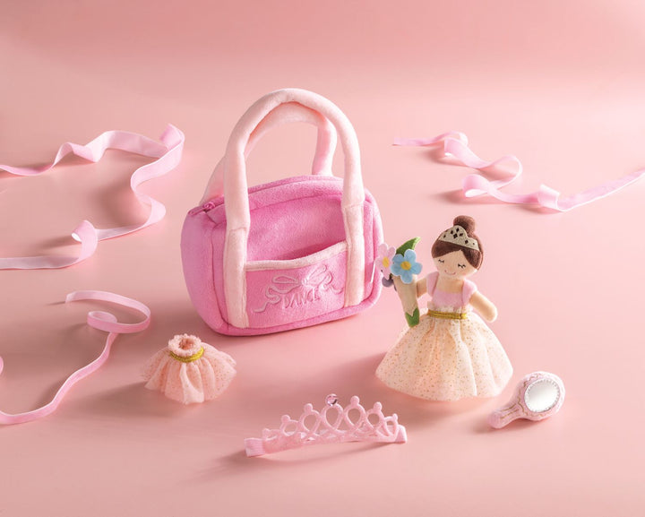 Ballerina Plush Set: plush purse, ballet bag, small doll in dress, tiara, tutu, mirror, pink ribbon. Sizes available.