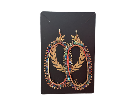 Gold Beaded Oval Earring with lightweight gold oval frame and colorful beads. Available sizes: S, M, L.