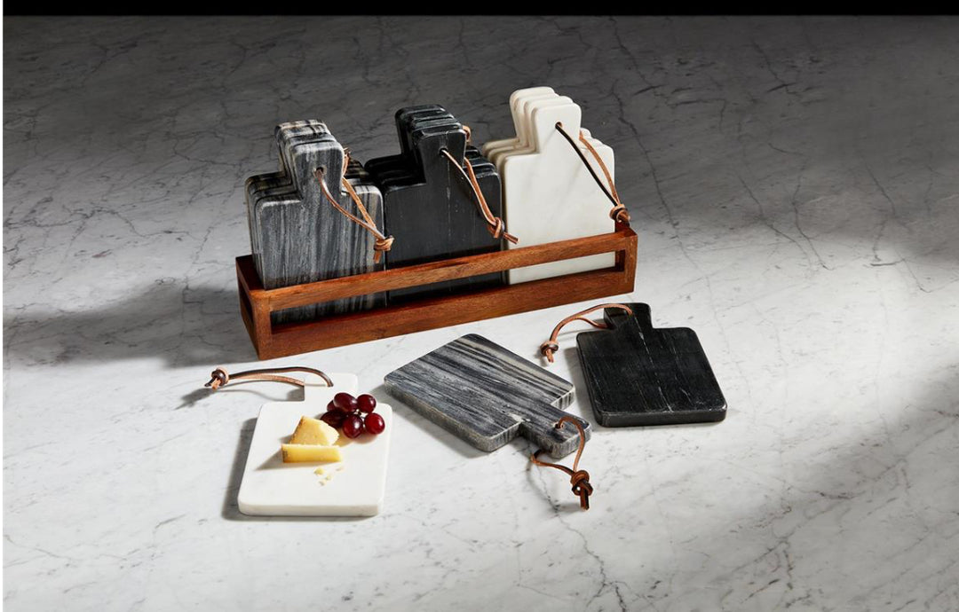 Mini Marble Paddle Boards with leather straps are shown in a wooden holder. Available sizes: 8"x6", 10"x8".