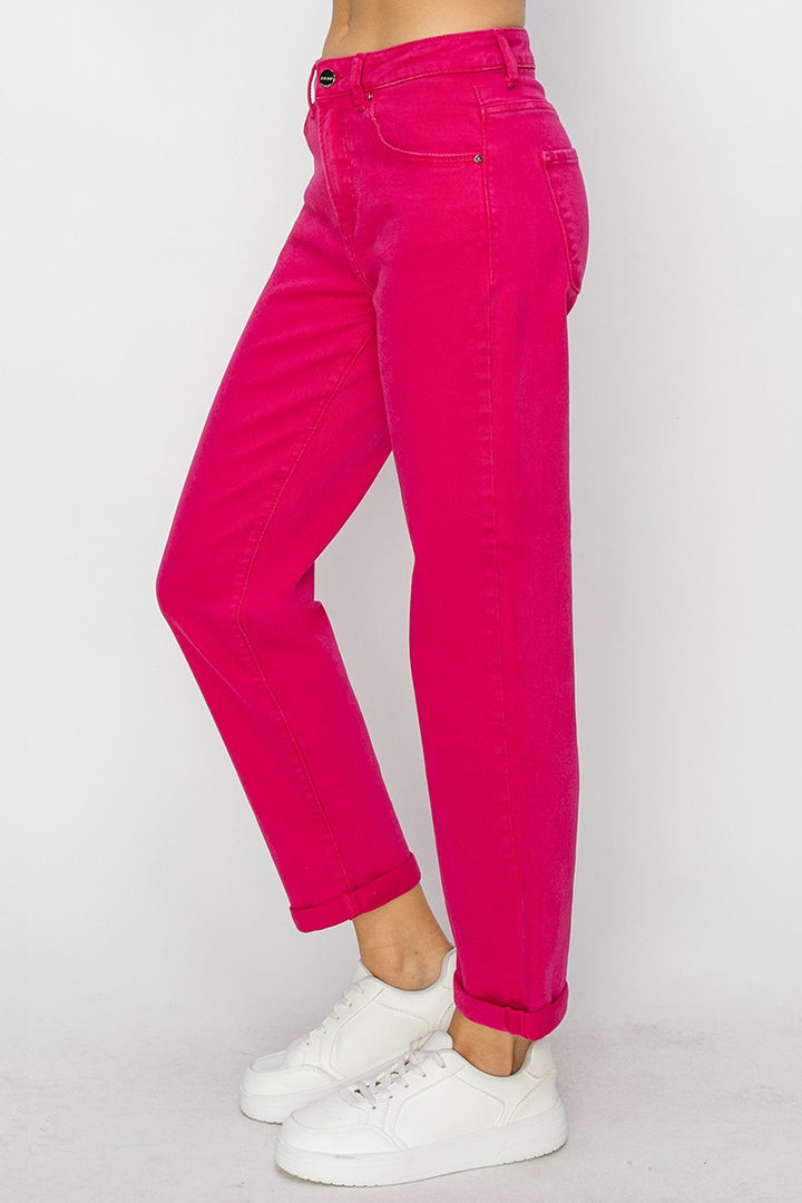 Fuchsia High Rise Ankle Boyfriend Pants, cuffed at ankles. Available in sizes XS–XL.