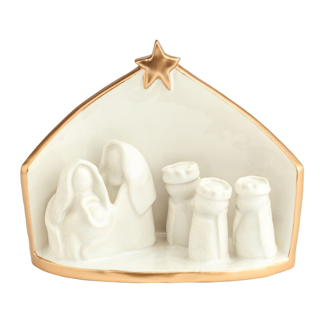 Gold Edge Nativity Scene with white ceramic figures, gold-trimmed stable, and gold star.