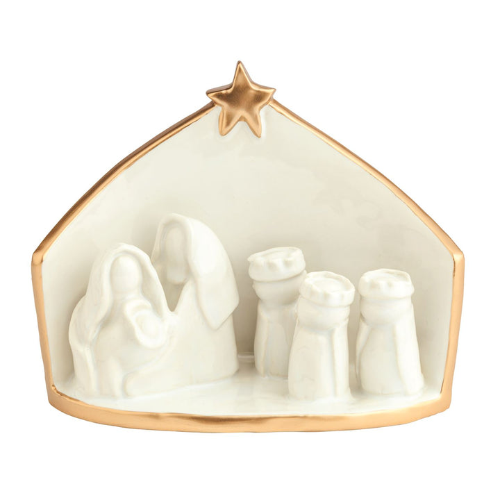 Gold Edge Nativity Scene with white ceramic figures, gold-trimmed stable, and gold star.
