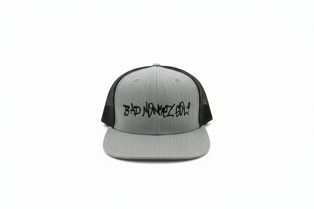 Gray and black Bad Monkey Hat with mesh sides, bold graffiti "Bad Monkey Golf" front. Available sizes: S, M, L, XL.
