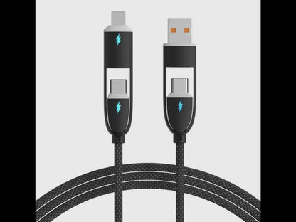 3ft braided 4-In-1 charging cable with USB-A, combo USB-C/Lightning on one end, USB-C on the other, blue lightning bolts at ends.