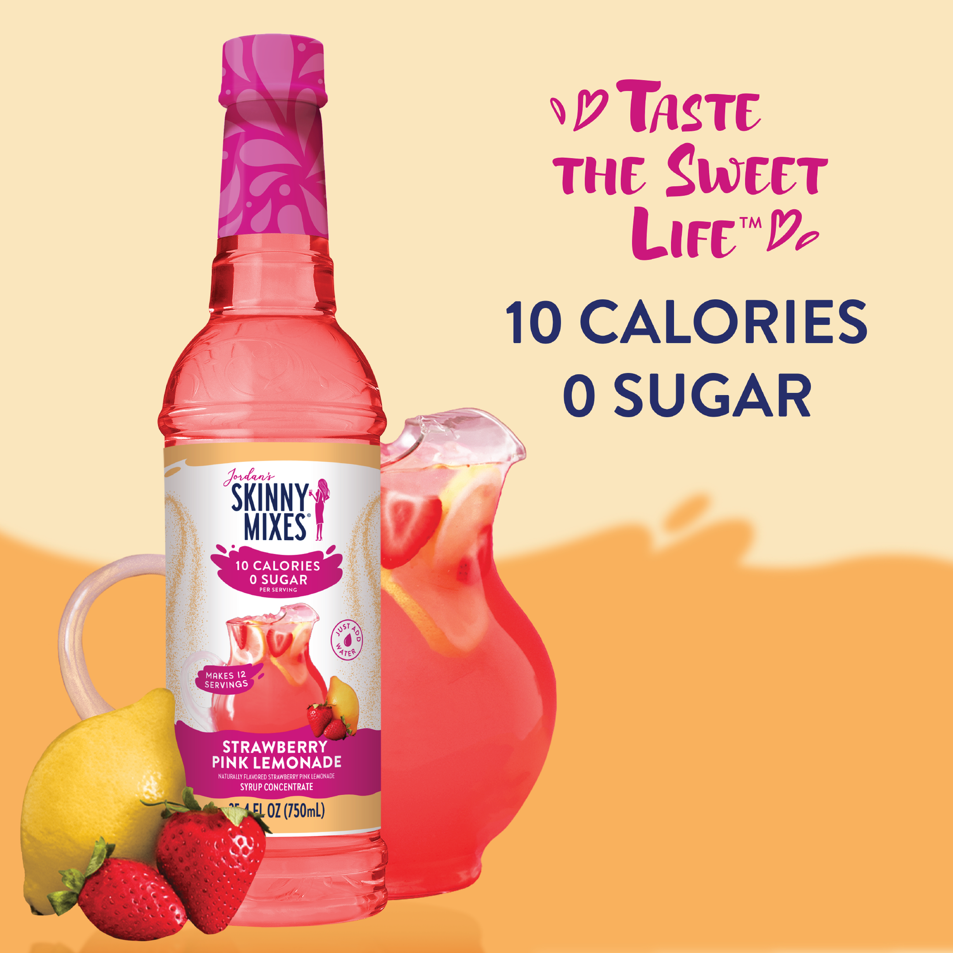 Strawberry Pink Lemonade Syrup Concentrate bottle. Text: "Taste the Sweet Life. 10 Calories, 0 Sugar." Sizes available.