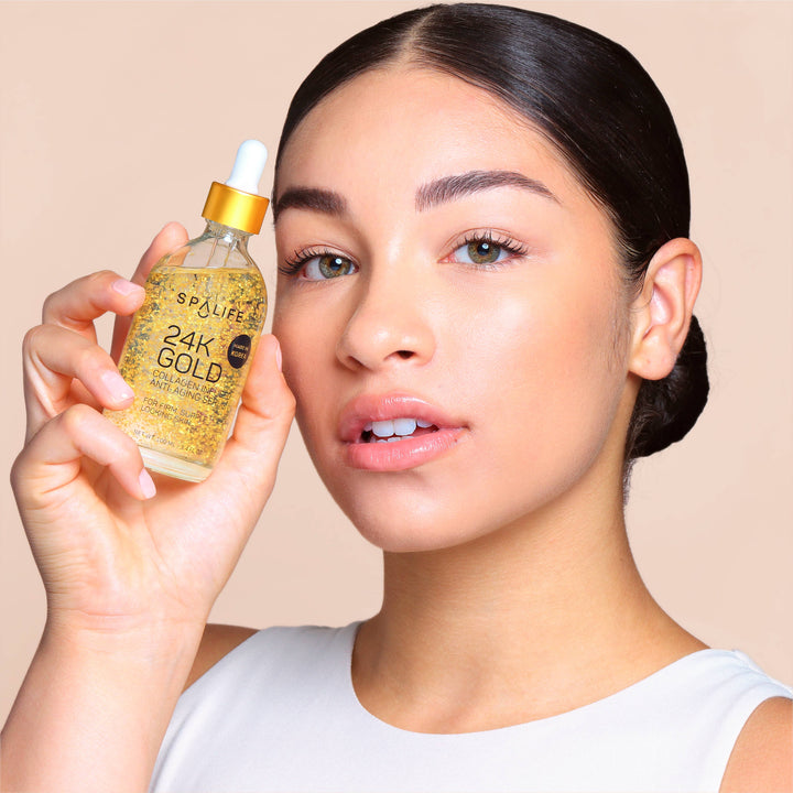 Dropper bottle labeled “Gold 24K Collagen Anti-Aging Serum | Korean Skincare,” known for collagen-boosting, anti-aging benefits; available in 30ml and 50ml sizes.