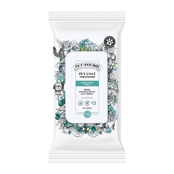 Pet~Pourri Pet Coat Wipes, 50-count, Pawsitively Fresh Scent, plant-based, white pack with animals and paw print.