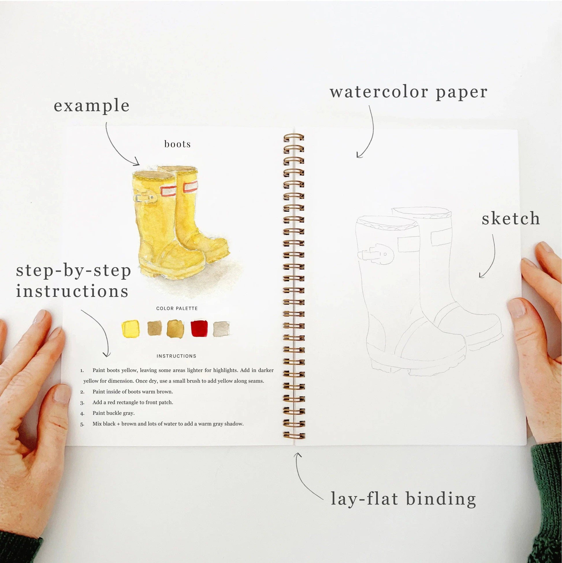 The Garden Watercolor Workbook open to labeled step-by-step guides; includes watercolor paper. Sizes available.
