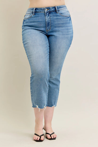 Judy Blue MR Vintage Wash Destroy Hem Kick Flare Jeans, available in sizes 0-20. Distressed hem detailing.