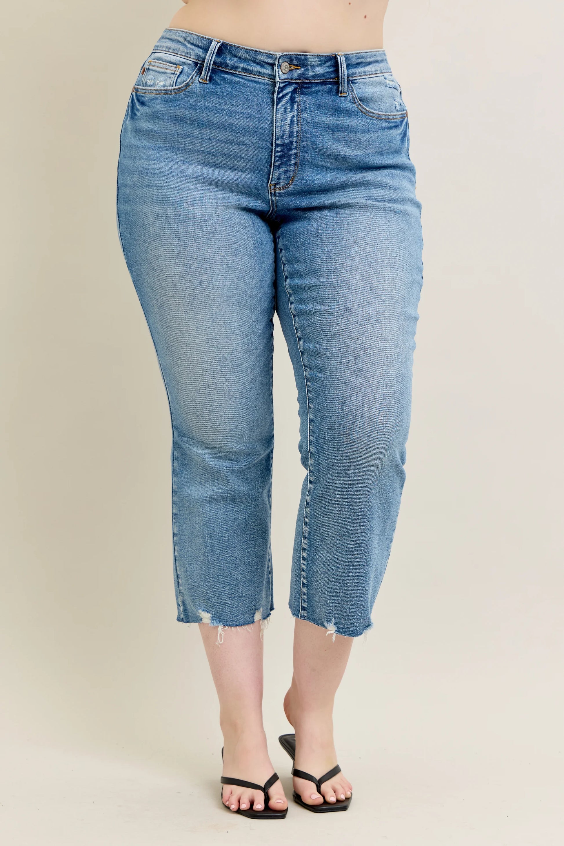 Judy Blue MR Vintage Wash Destroy Hem Kick Flare Jeans, available in sizes 0-20.