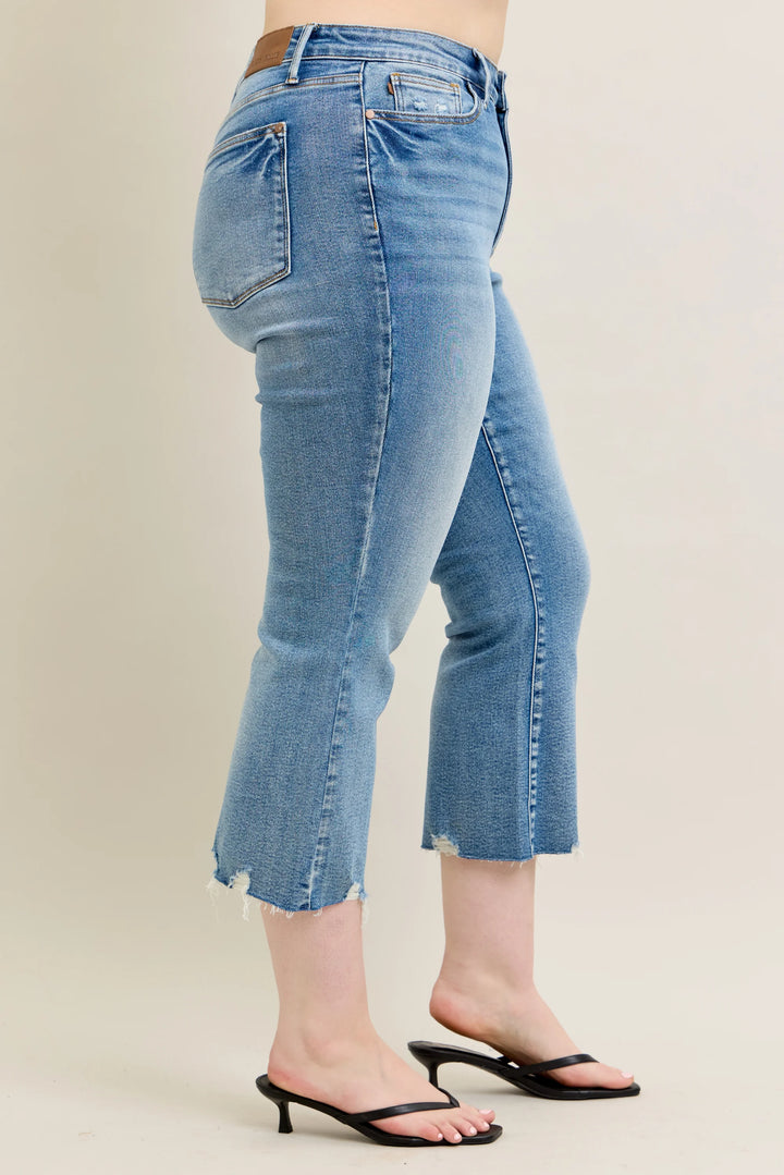 Judy Blue MR Vintage Wash Destroy Hem Kick Flare Jeans, light blue, raw frayed hems. Available in sizes 0-20W.